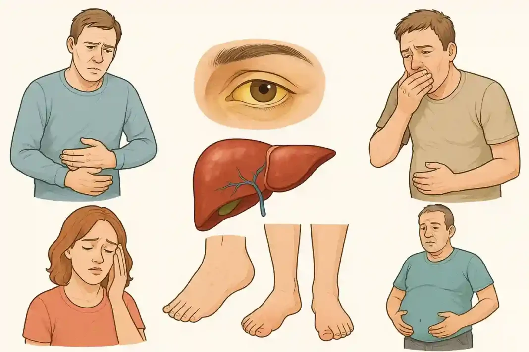 Diagramm der Leber mit Markierungen für Leberversagen-Symptome