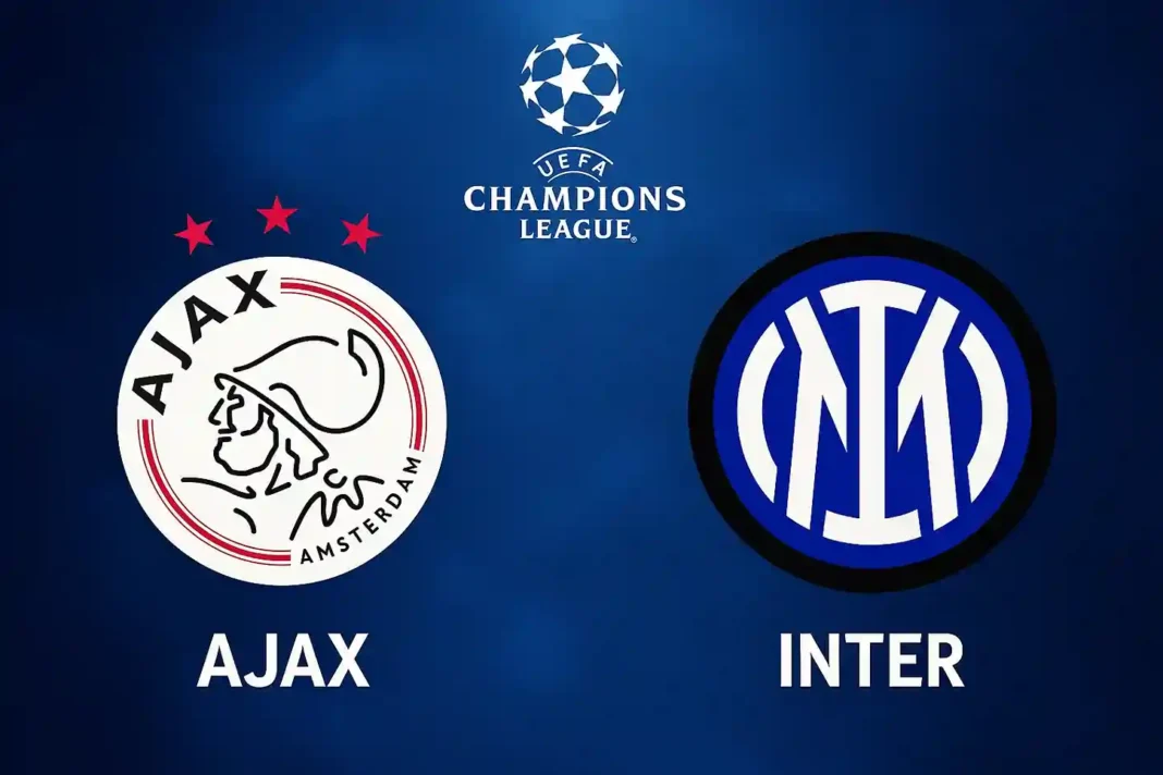 ajax-amsterdam-inter-mailand-champions-league-2025 Ajax Amsterdam vs Inter Mailand Champions-League-Spiel 2025 im Johan-Cruyff-Arena. Fans jubeln auf den Rängen, Spieler kämpfen um den Ball.