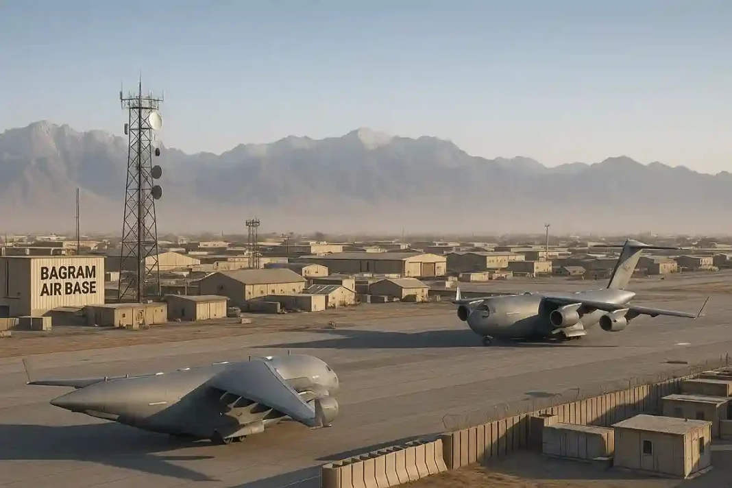 Bagram Air Base in Afghanistan mit US-Flagge, symbolisch für Trumps Ankündigung zur Rückerlangung der Basis