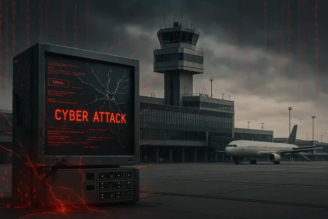 Cyberangriff auf den Flughafen Berlin im Jahr 2025, Displays zeigen Flugausfälle und Passagiere warten.