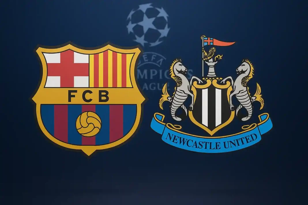 newcastle-barcelona-champions-league Spielszene zwischen Newcastle United und FC Barcelona in der UEFA Champions League, inklusive Fans, Spieleraktionen und Torversuchen.