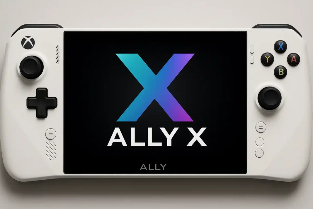 ROG Xbox Ally Handheld-Konsole 2025, zeigt das Gaming-Gerät in voller Ansicht mit Display und Controllern.