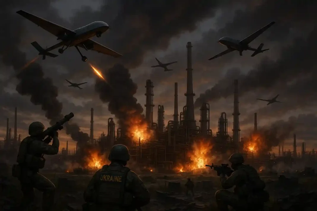 ukraine-russland-drohnenkrieg-2025 Ukrainische und russische Drohnen greifen industrielle Ziele und Infrastrukturen an, Explosionen und Rauch über einer Petrochemieanlage, militärische Aktivität am Boden