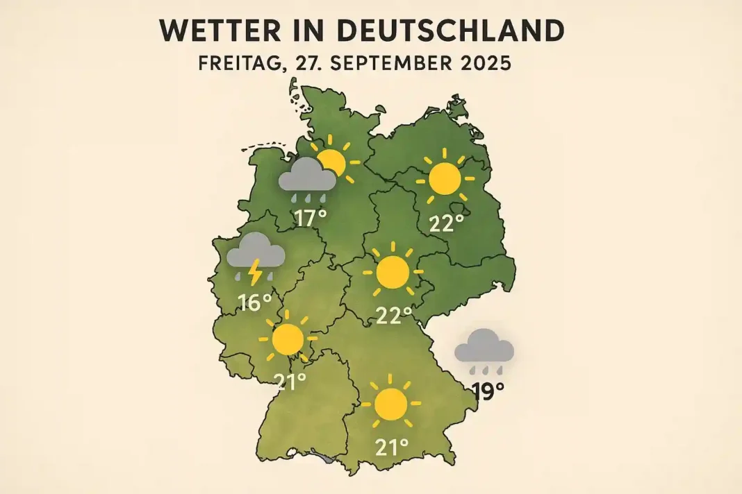 wetter-deutschland-samstag-2025 Wettervorhersage für Deutschland am Samstag 2025 mit Temperaturen und Regenwahrscheinlichkeit für alle Städte.