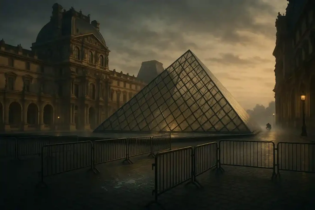 Das Louvre-Museum in Paris nach einem Kunstraub: gebrochenes Glas vor der Galerie d'Apollon, Flucht der Täter auf Motorrädern