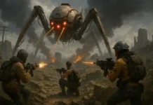 Download & Plattformen – Wo du ARC Raiders kostenlos spielen kannst Ein spannender Screenshot aus Arc Raiders 2025, zeigt intensive Science-Fiction-Action mit futuristischen Kämpfern und Maschinen im offenen Gelände.