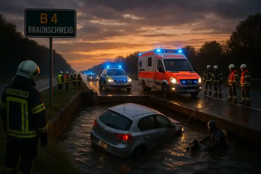 Ein zerstörtes Auto im Mittellandkanal nach riskanter Flucht vor der Polizei bei Braunschweig, drei Tote, Rettungskräfte am Einsatzort.