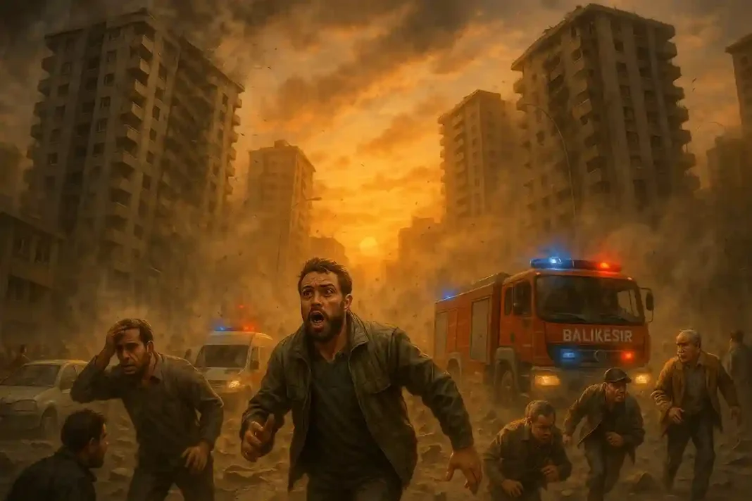 Menschen evakuieren Gebäude während eines starken Erdbebens der Stärke 6,1 in Balikesir, Türkei, Rettungskräfte vor Ort.