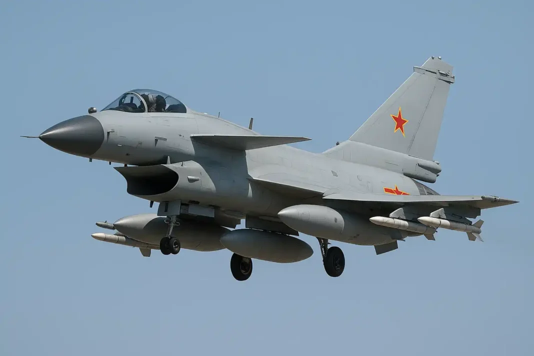 china-j10c-kampfflugzeug-asia J-10C Kampfflugzeug der Chengdu Aircraft Corporation in Flugposition, symbolisiert Chinas militärische Expansion und Einfluss in Asien.