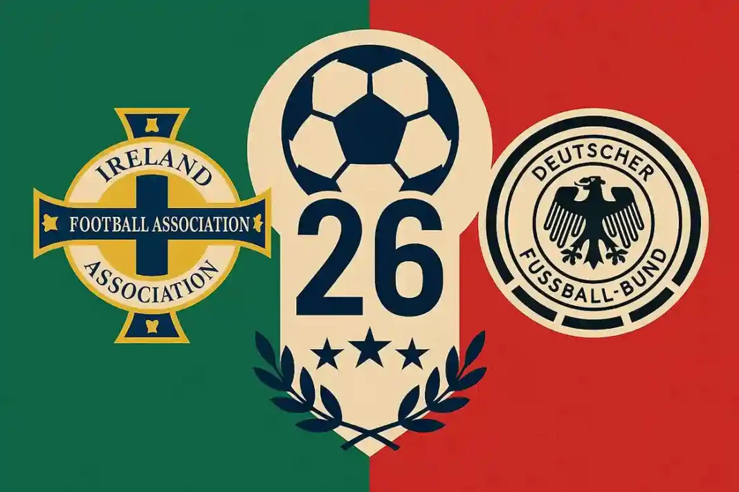 Deutscher Spieler kämpft um den Ball gegen einen nordirischen Verteidiger während des WM-Qualifikationsspiels 2026.
