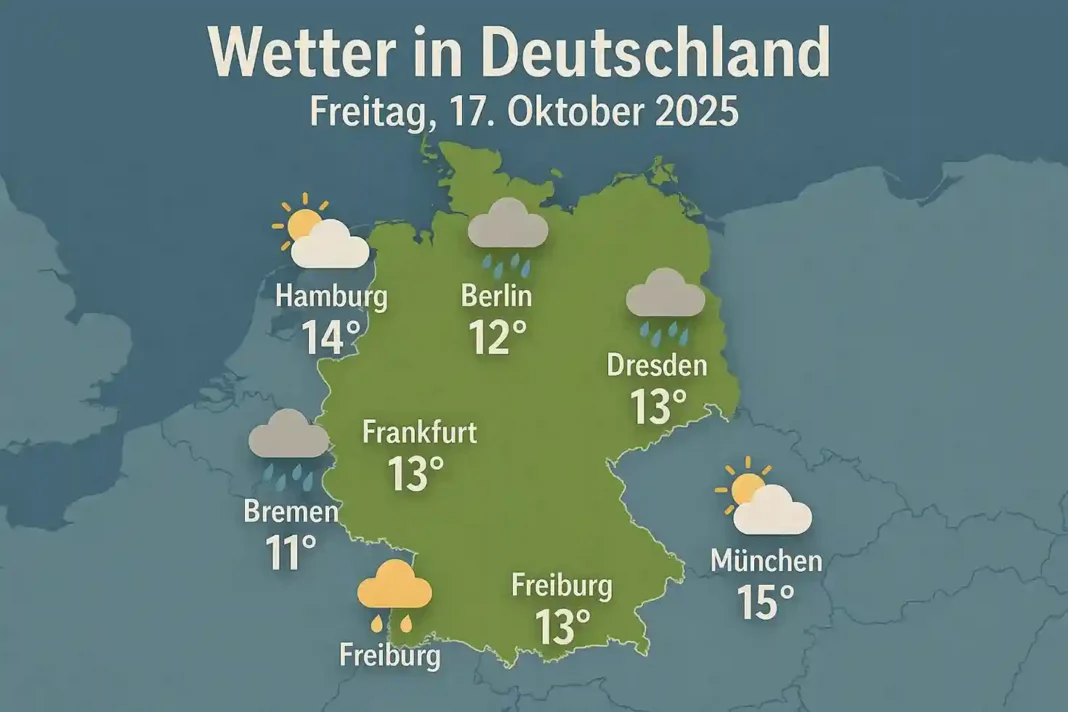 deutschland-wetter-17-oktober-2025 Wettervorhersage für Deutschland am 17. Oktober 2025, inklusive Temperatur, Wind und Regen.