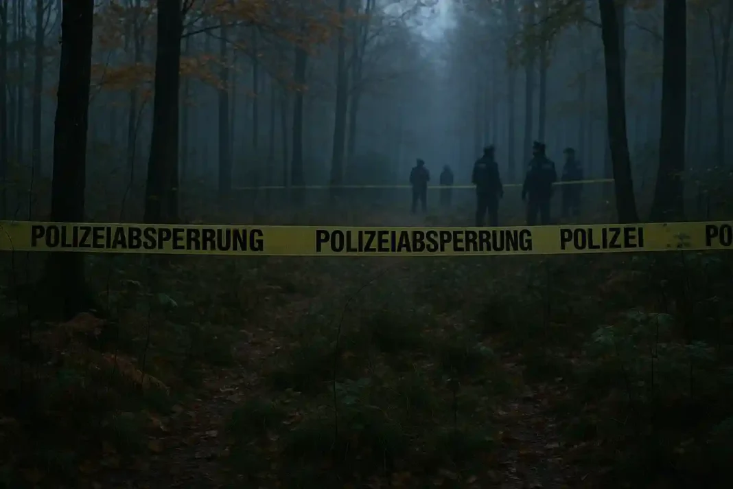 Fundstelle der Kinderleiche von Fabian (8) in einem Wald bei Güstrow, Polizei sichert den Bereich ab.