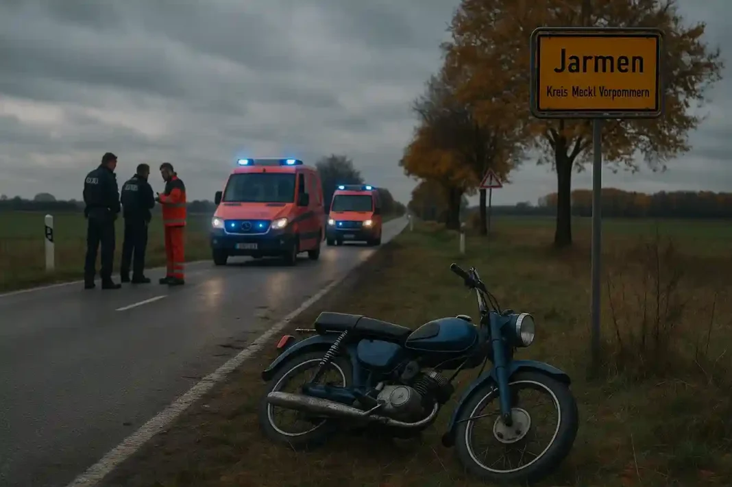 Tragischer Verkehrsunfall bei Jarmen – ein umgestürztes Moped auf einer Landstraße, Polizei und Rettungskräfte am Einsatzort.