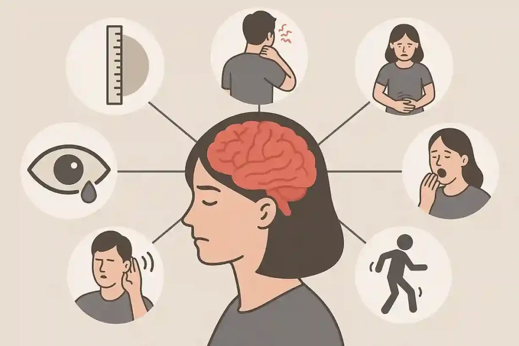 Illustration eines Gehirntumors mit hervorgehobenen Symptomen wie Kopfschmerzen und Wortfindungsstörungen