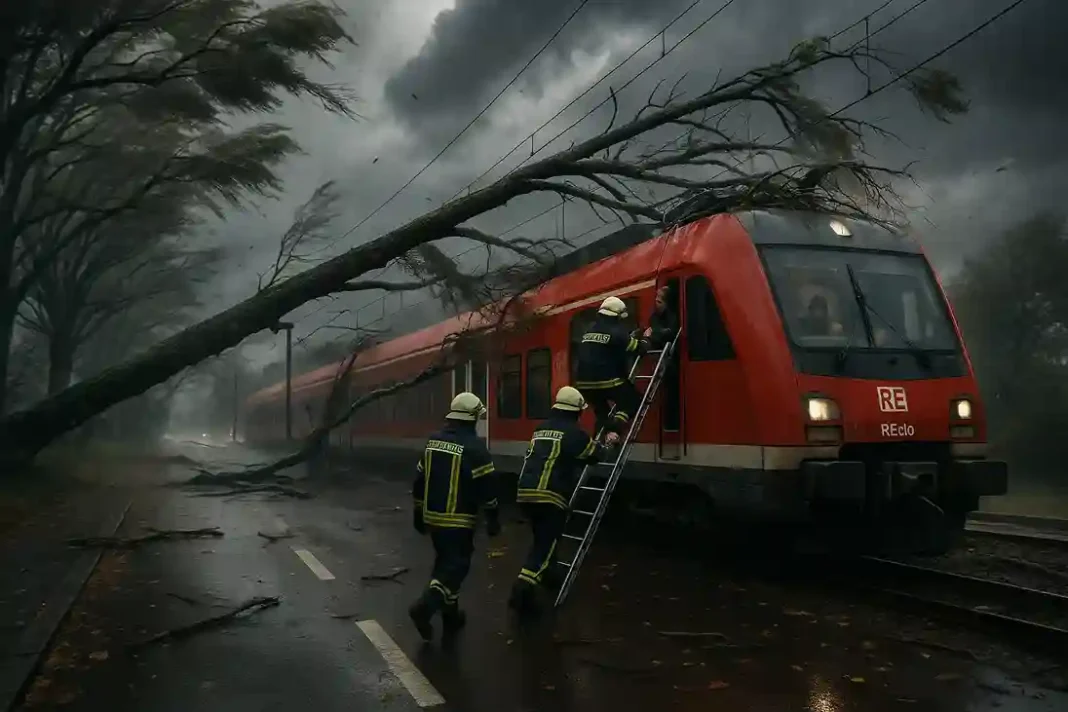 herbststurm-joshua-norddeutschland-feuerwehr „Herbststurm 'Joshua' in Norddeutschland: Feuerwehr evakuiert Zugpassagiere nach umgestürztem Baum auf Oberleitung“