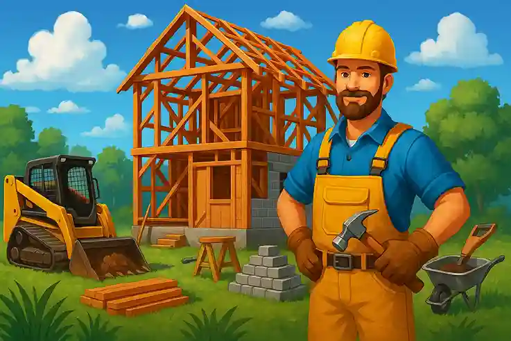 house-builder-2-gameplay Gameplay von House Builder 2: Spieler baut ein Haus in einer offenen Low-Poly-Welt