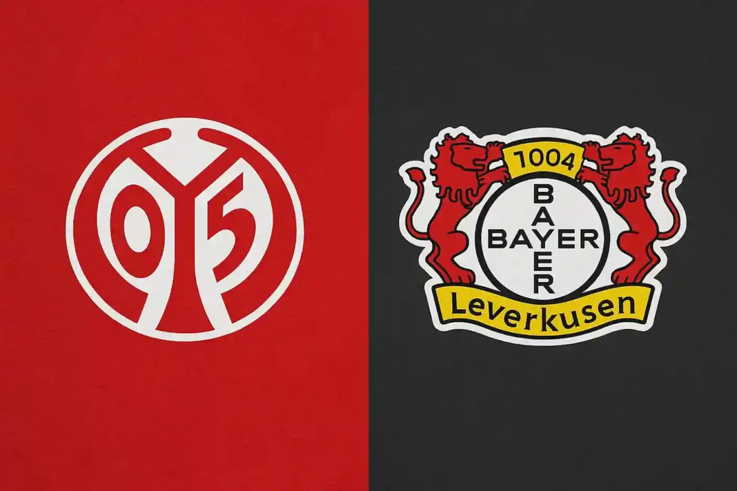 Spielszene Mainz 05 gegen Bayer Leverkusen in der Bundesliga 2025, inklusive Tore, Spieleraufstellung und TV-Infos.