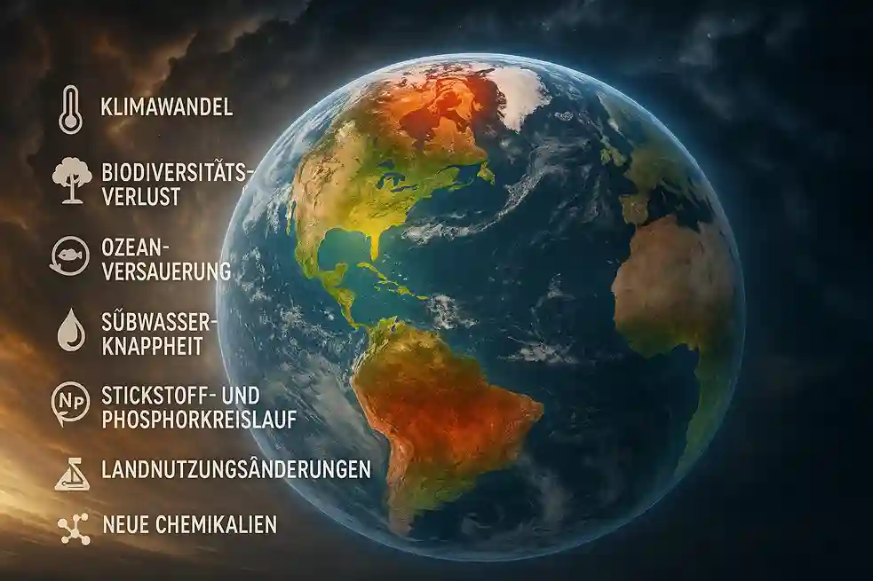 planetare-grenzen-erde Illustration der sieben überschrittenen planetaren Grenzen und ihrer Auswirkungen auf die Erde im Jahr 2025.