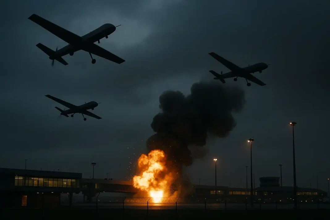 Russische und ukrainische Drohnen im Luftkrieg über Moskau und Kiew, Darstellung der militärischen Spannungen 2025.