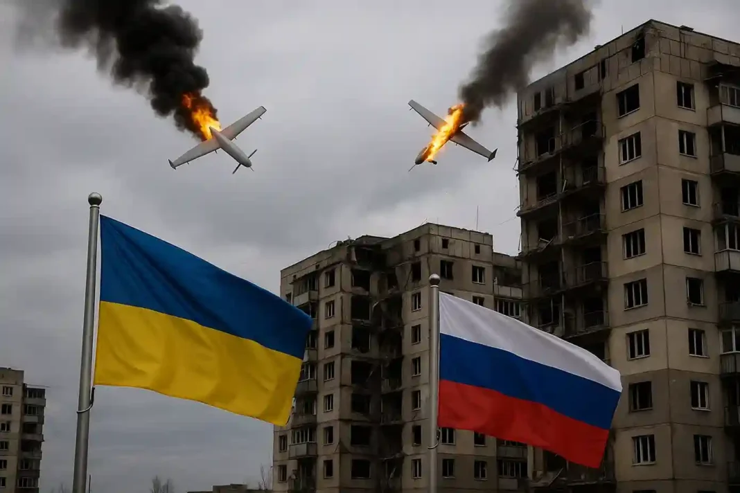 russland-ukraine-drohnenkrieg Russische und ukrainische Drohnen im nächtlichen Himmel während intensiver Gefechte 2025.