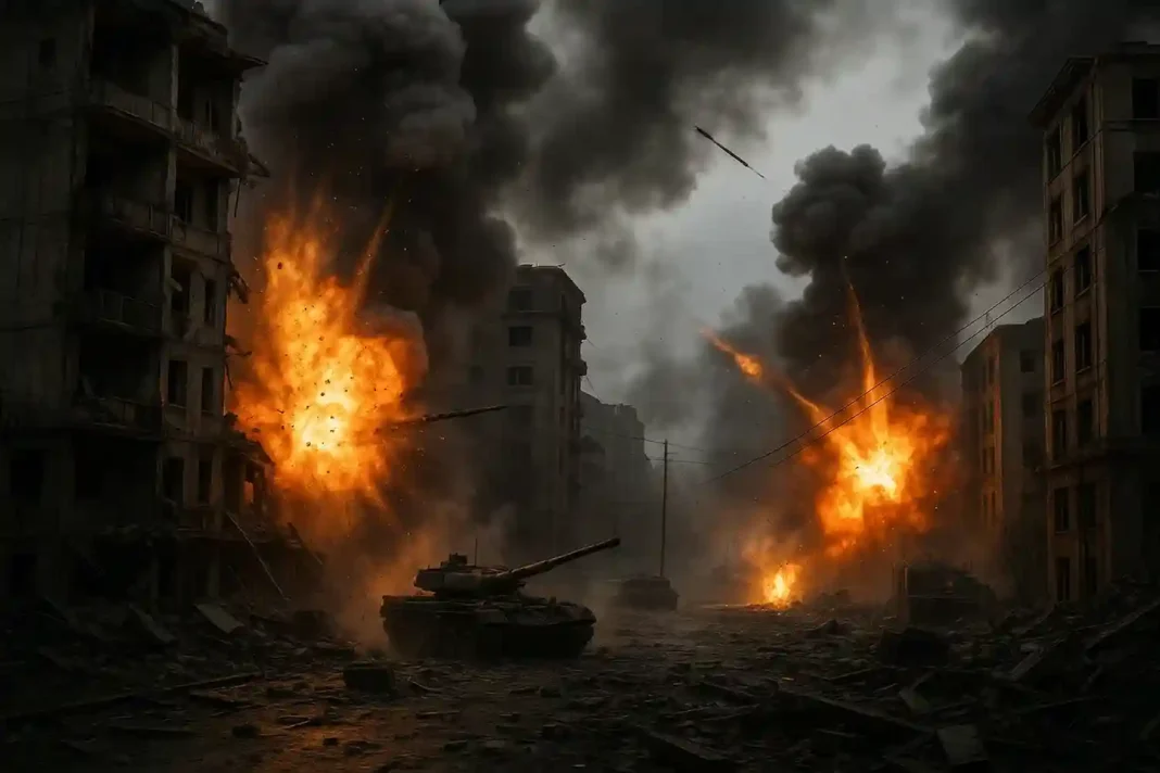 Zerstörtes Gebäude nach russischem Angriff in Cherson, Ukraine, Oktober 2025.