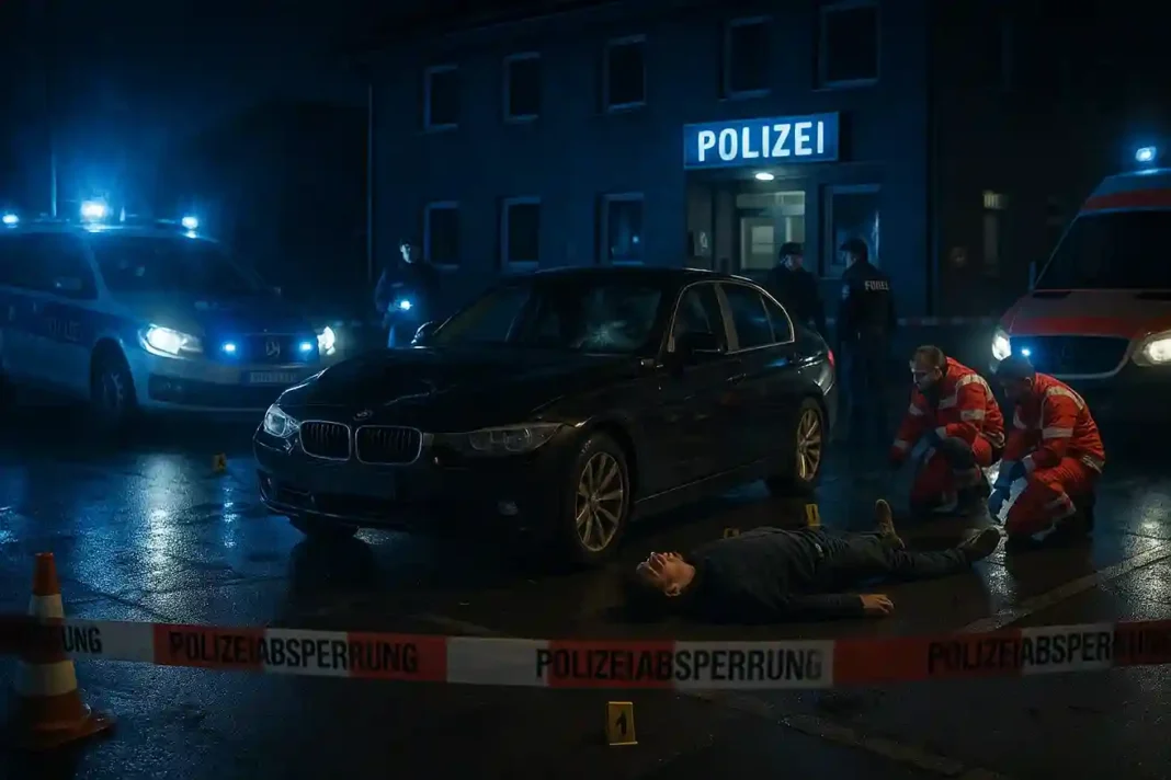 Ein Mann wird in Unterhaching direkt vor der Polizeiinspektion von einem Auto erfasst, Einsatzkräfte sichern die Unfallstelle.