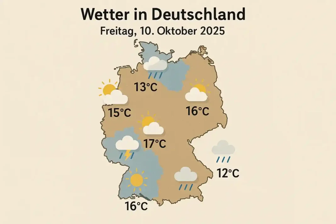 wetter-deutschland-10-oktober-2025 Wettervorhersage für Deutschland am 10. Oktober 2025, inklusive Temperaturen, Regenwahrscheinlichkeit und Windrichtung in wichtigen Städten wie Berlin, München, Bremen, Stuttgart und Erfurt.