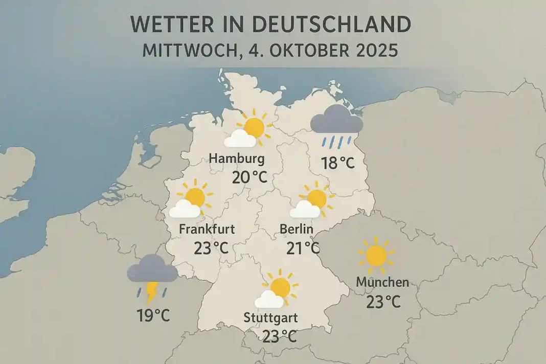Wetterkarte Deutschlands am 4. Oktober 2025 mit Temperaturen, Regen und Wind