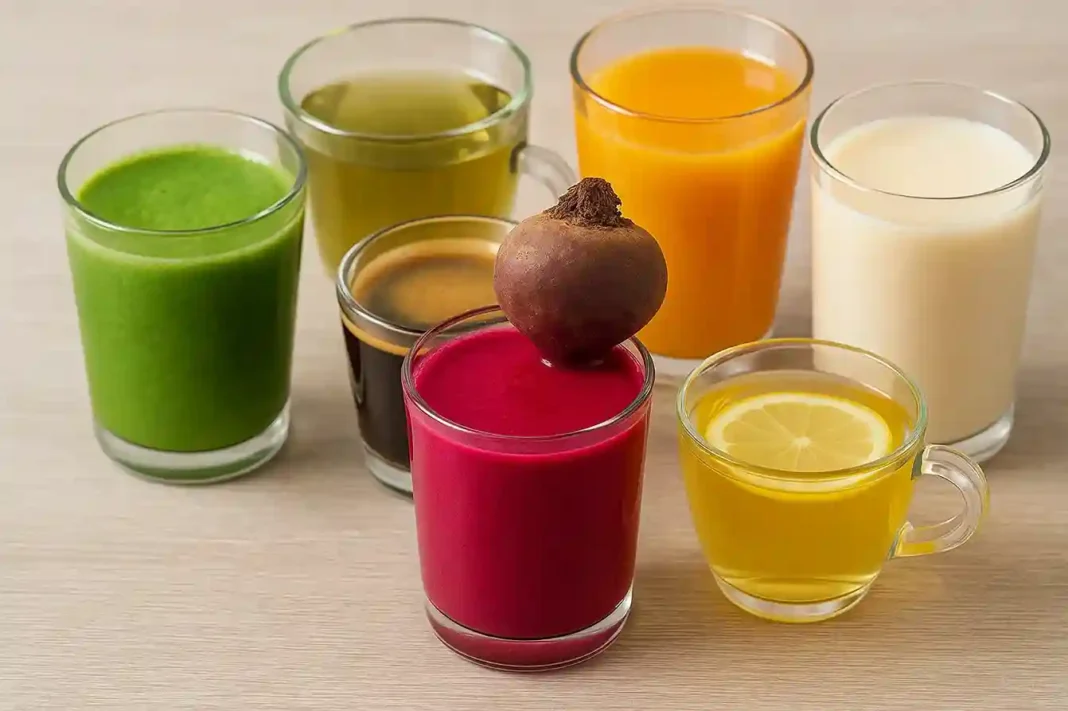 „Sechs gesunde Getränke wie Rote Bete, grüner Tee, Kurkuma-Tee, Kombucha und Kaffee zur Stärkung von Gehirn und Gedächtnis“