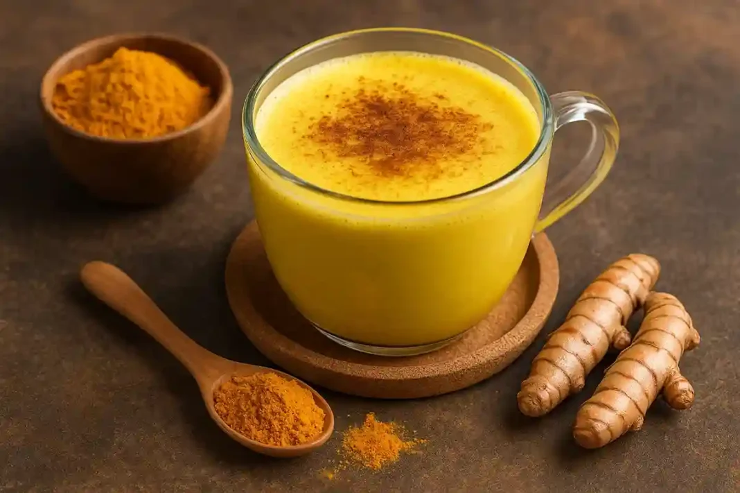 Die gesundheitlichen Vorteile von Kurkuma Kaffee Tasse Kurkuma-Kaffee auf einem Holztisch, umgeben von Kurkumapulver und Kaffeebohnen, symbolisiert Energie und Gesundheit.