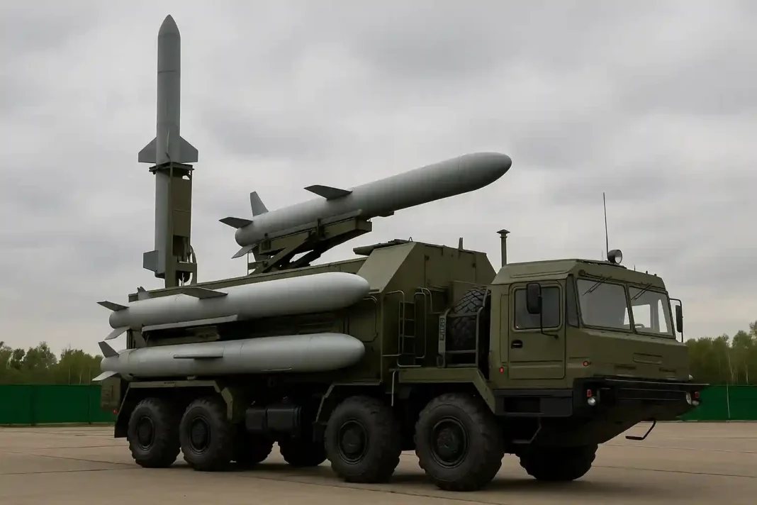 Russische 9M729-Rakete in Militärlager, Symbol für Bedrohung in Donezk-Konflikt, verdeutlicht strategische Risiken für Europa