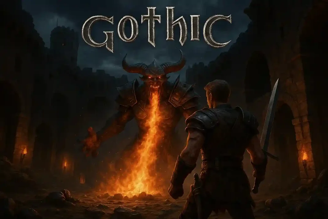 Screenshot aus Gothic 1 Remake 2026 zeigt den Namenlosen Helden in der offenen Welt der Khorinis-Mine.