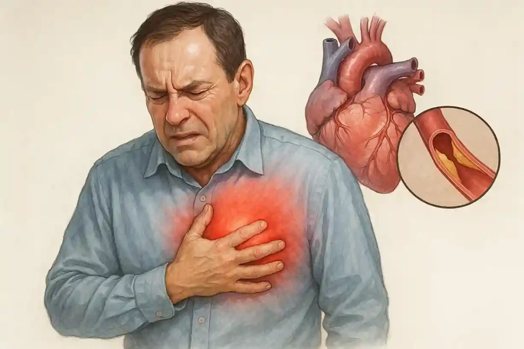 Illustration zur Angina Pectoris: Herzschmerzen, Symptome und Behandlungsmöglichkeiten zur Vorbeugung von Herzinfarkten