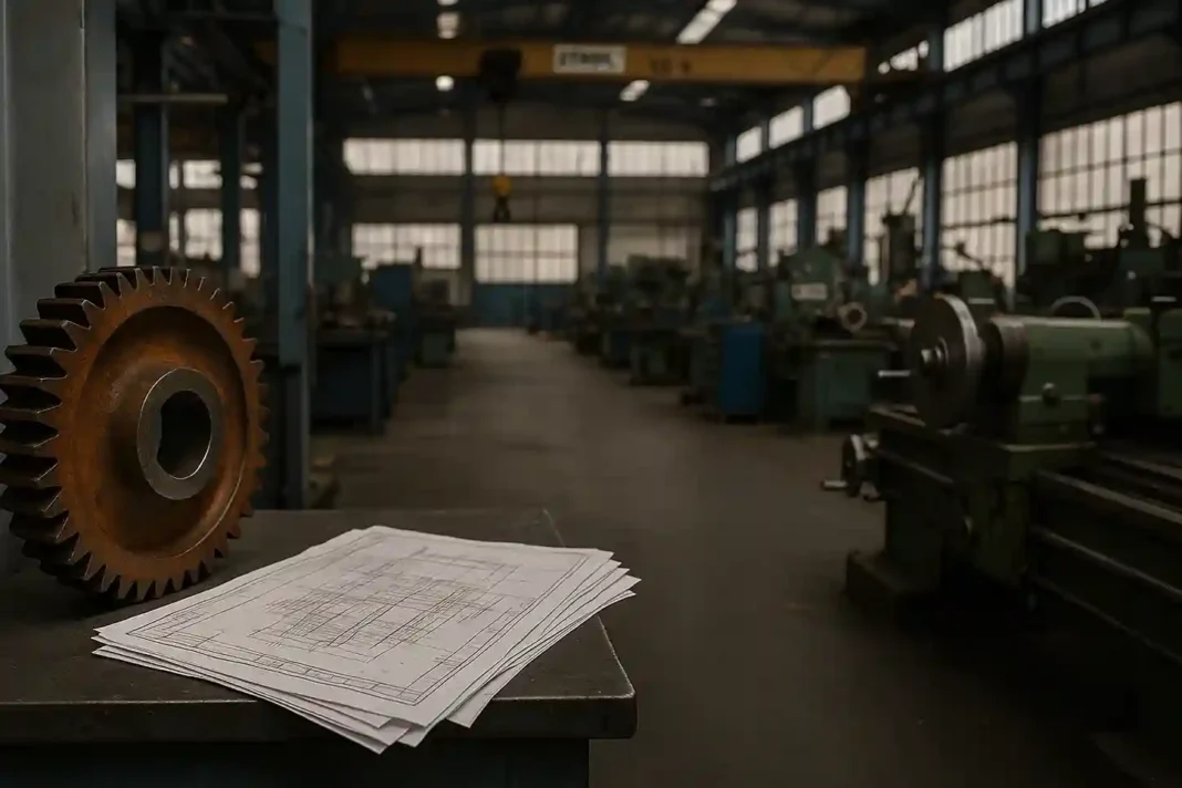 Maschinenbau in Deutschland erlebt 2025 einen deutlichen Produktionsrückgang – Arbeiter in einer modernen Fabrikhalle mit Maschinenanlagen