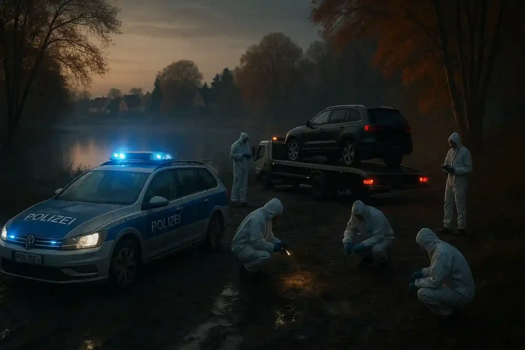 Polizeibeamte und Spurensicherung untersuchen einen Tatort am See, nachdem der Mord am achtjährigen Fabian in Geesthacht aufgeklärt wurde.