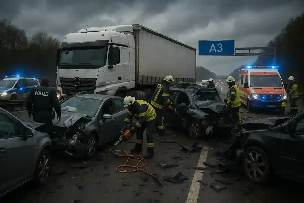 a3-massenkarambolage Einsatzkräfte retten Verletzte nach Massenkarambolage auf der A3