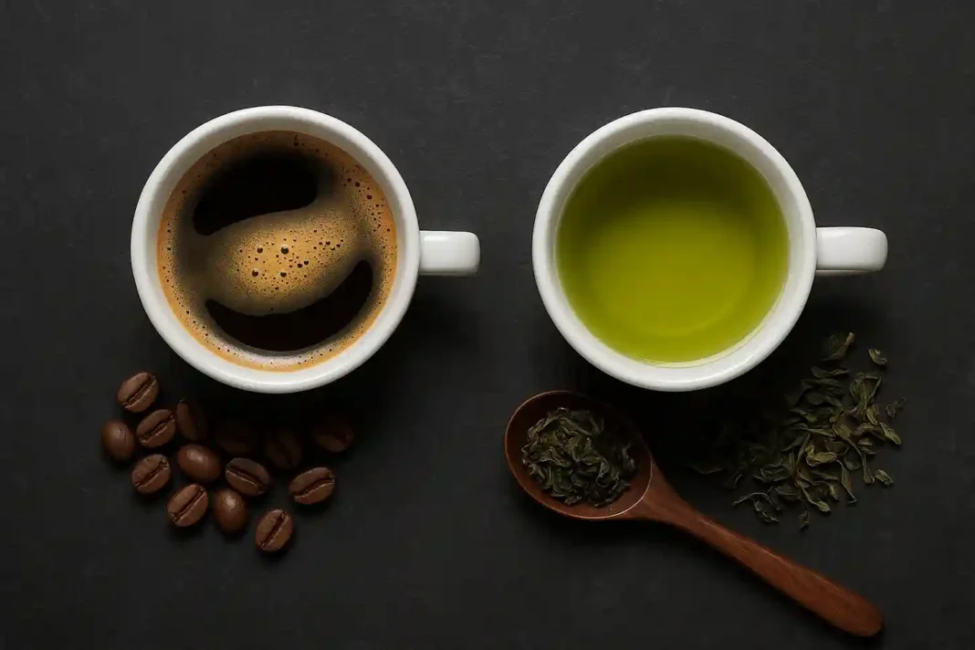 Tasse Kaffee und grüner Tee nebeneinander auf einem Tisch, Symbol für Gehirnaktivierung und Konzentrationssteigerung.