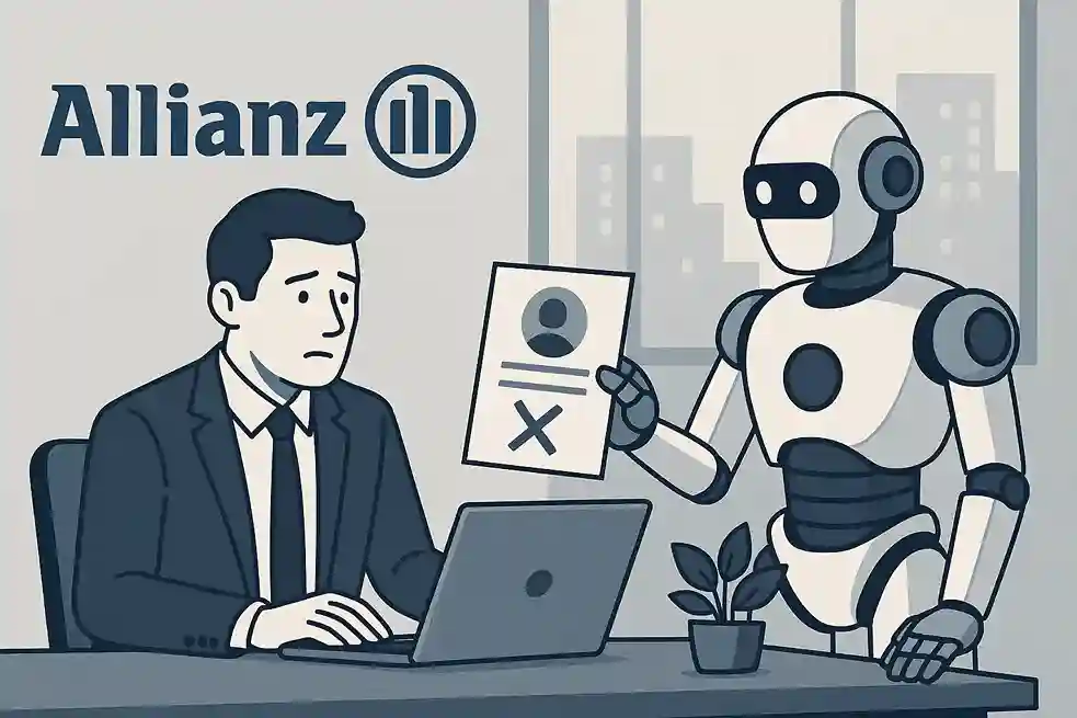 allianz-ki-stellenabbau Allianz-Logo vor Bürogebäude: KI ersetzt Mitarbeiter im Reiseversicherungsbereich