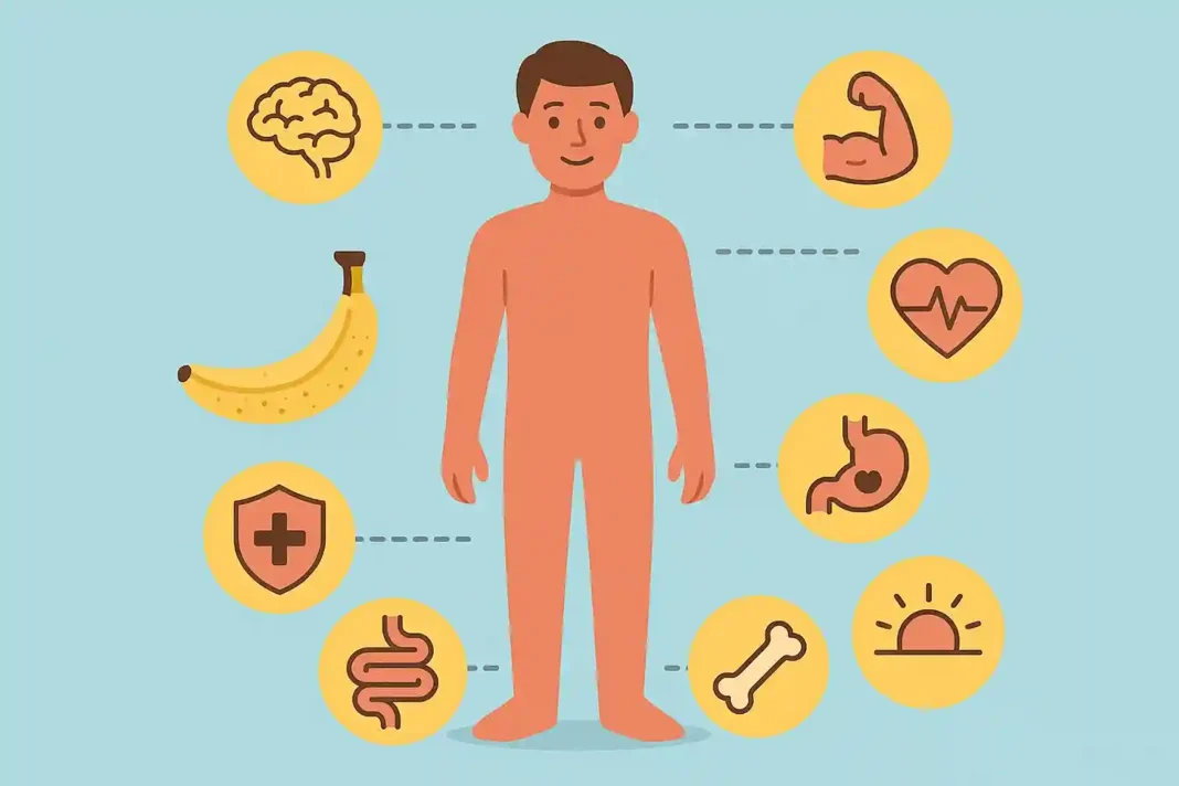 Frische Bananen auf einem Holztisch, ideal als Snack oder vor dem Training, schützen Magen und fördern die Darmgesundheit.