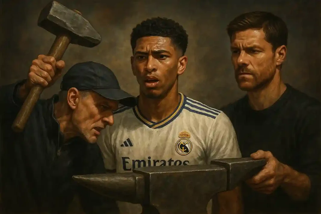 bellingham-tuchel-alonso-konflikt Jude Bellingham im Trikot von Real Madrid zwischen Trainer Xabi Alonso und Thomas Tuchel