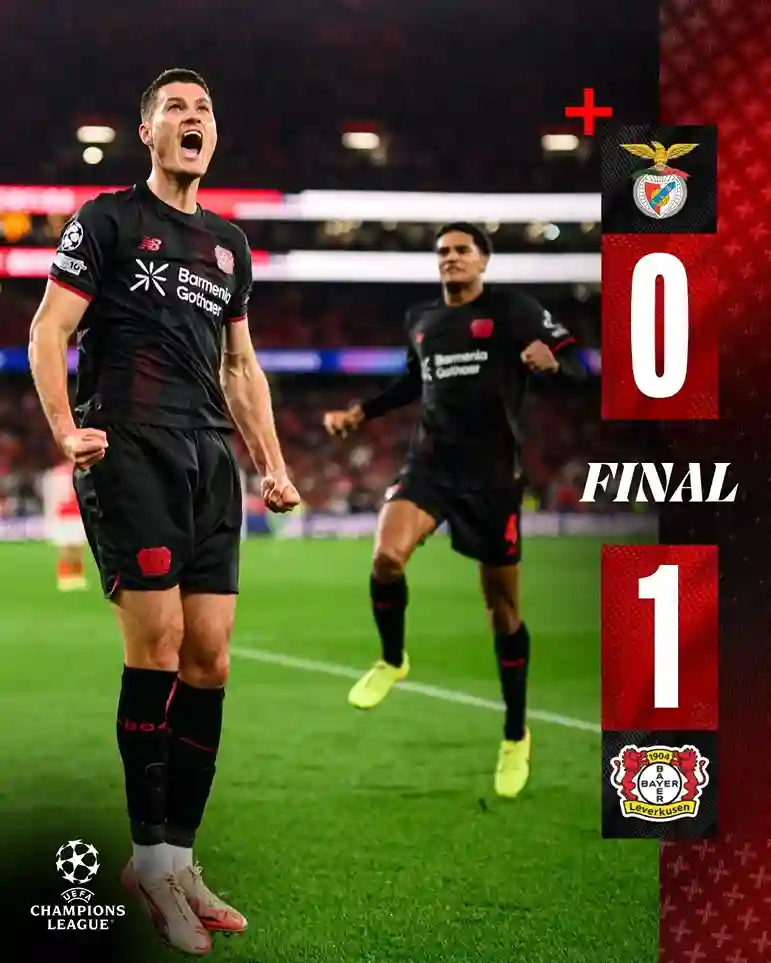benfica-bayer-leverkusen-champions-league-2025 Patrik Schick jubelt nach seinem Siegtreffer für Bayer Leverkusen gegen Benfica in der Champions League 2025.