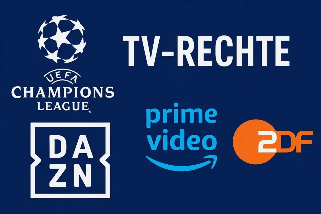 champions-league-tv-rechte-2027 Grafik zeigt das Logo der Champions League und TV-Streaming-Symbole als Darstellung der neuen Übertragungsrechte ab 2027 in Deutschland.