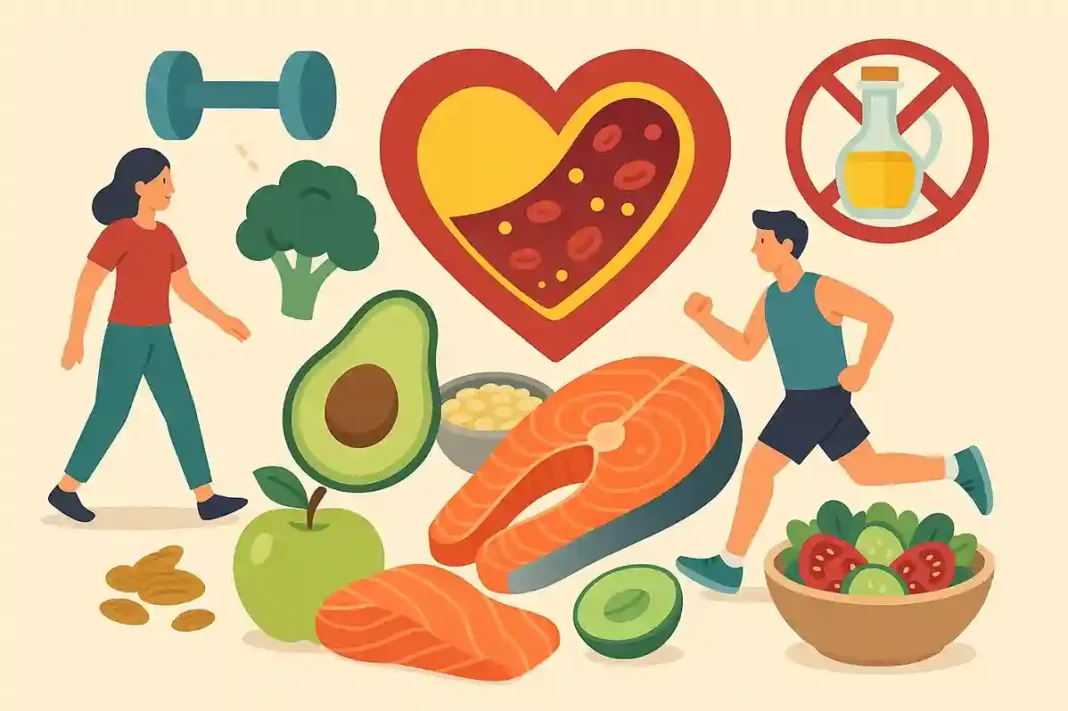 cholesterin-senken-tipps Grafik zeigt gesunde Lebensmittel und Tipps zur natürlichen Senkung des Cholesterinspiegels