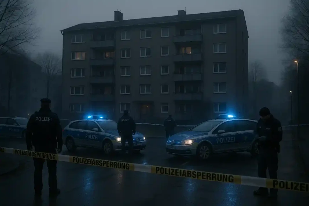 Polizeieinsatz vor einem Wohnhaus in Düsseldorf-Oberbilk nach dem Fund von Frau und Baby