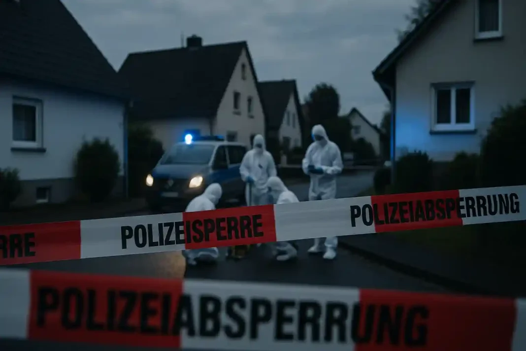 Polizeisperre und Ermittlerteam in einem deutschen Wohngebiet im Zusammenhang mit dem Fall Fabian in Güstrow