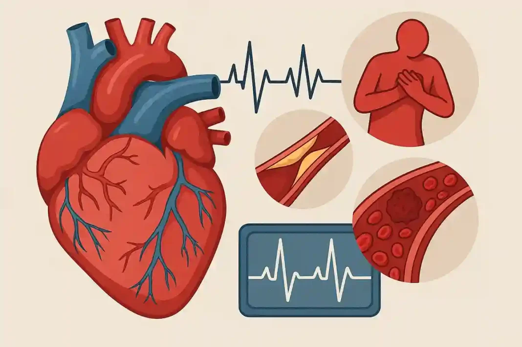 Infografik zeigt Zusammenhänge zwischen Herz-Kreislauf-Erkrankungen und Umweltfaktoren in Europa, inklusive Luftverschmutzung, extremen Temperaturen und Chemikalien
