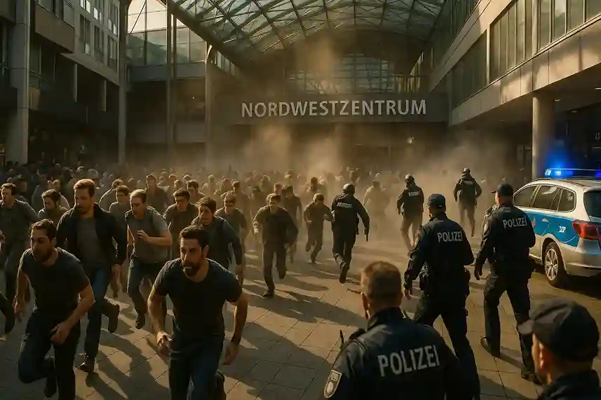 knallgerausche-im-nordwestzentrum-frankfurt „Menschen fliehen panisch aus dem Nordwestzentrum in Frankfurt nach lauten Knallgeräuschen, Polizei und Sicherheitskräfte vor Ort.“