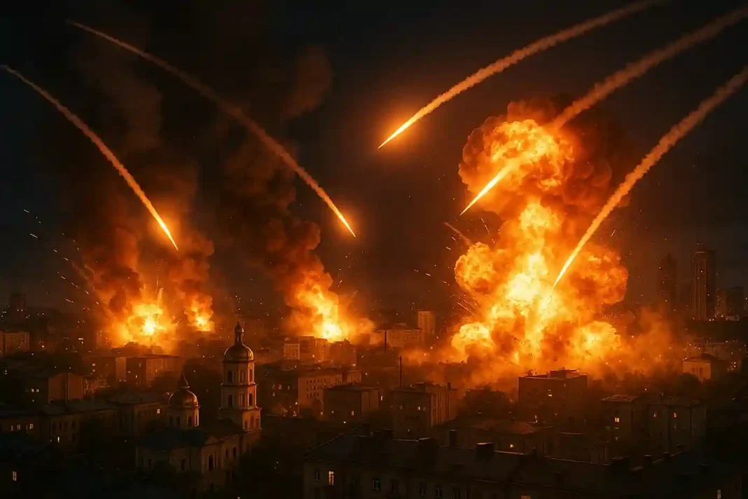 kyiv-russischer-angriff Luftaufnahme von Kyiv nach russischem Drohnen- und Raketenangriff, Rauch und Feuer sichtbar in mehreren Stadtteilen