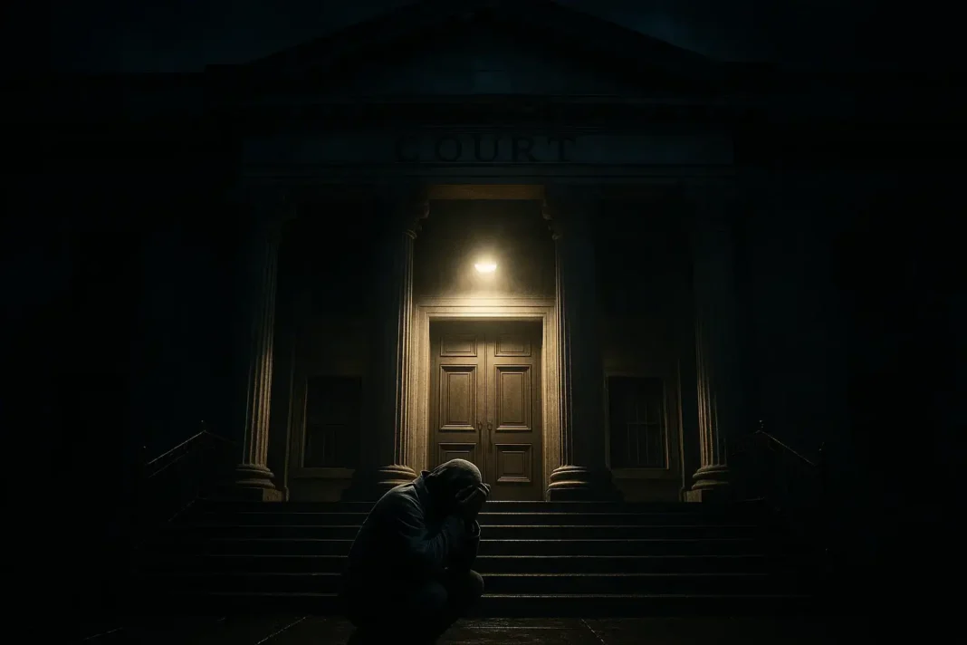 lebenslanges-urteil-palliativpfleger-aachen Anonymer Palliativpfleger betritt das Gericht in Aachen, versteckt sein Gesicht hinter einem Ordner, dramatische Beleuchtung.