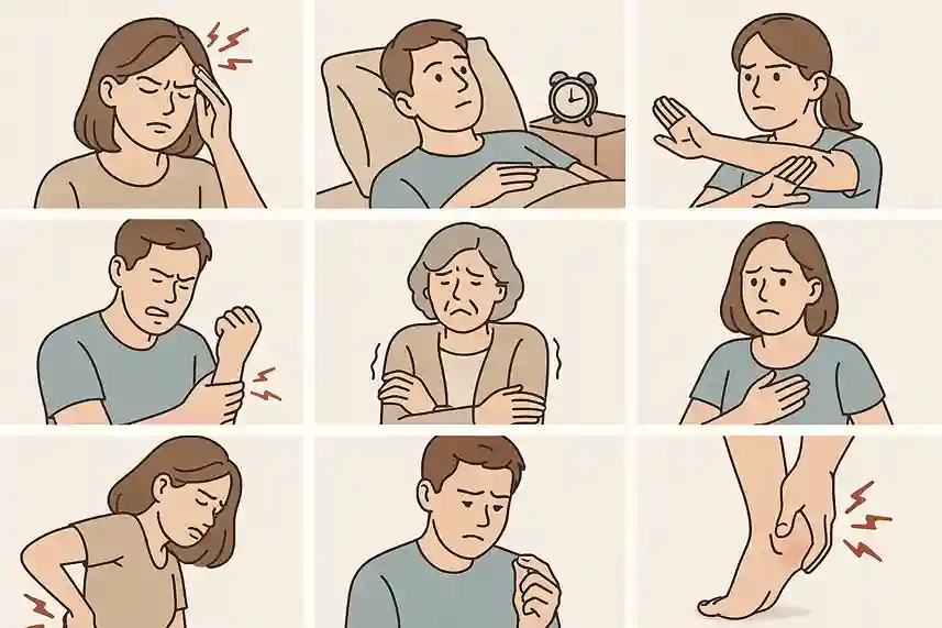 magnesiummangel-symptome-lebensmittel Illustration zu Magnesiummangel: Symptome wie Muskelkrämpfe, Müdigkeit und natürliche Lebensmittel wie Nüsse, Spinat und Avocado